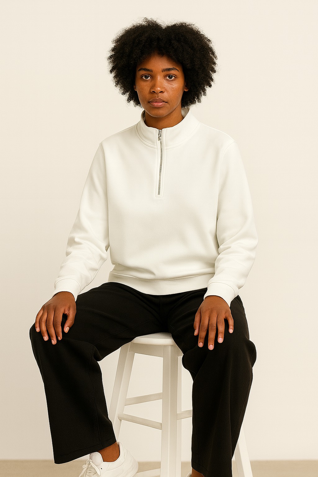 BEYAZ FERMUARLI SWEATSHİRT