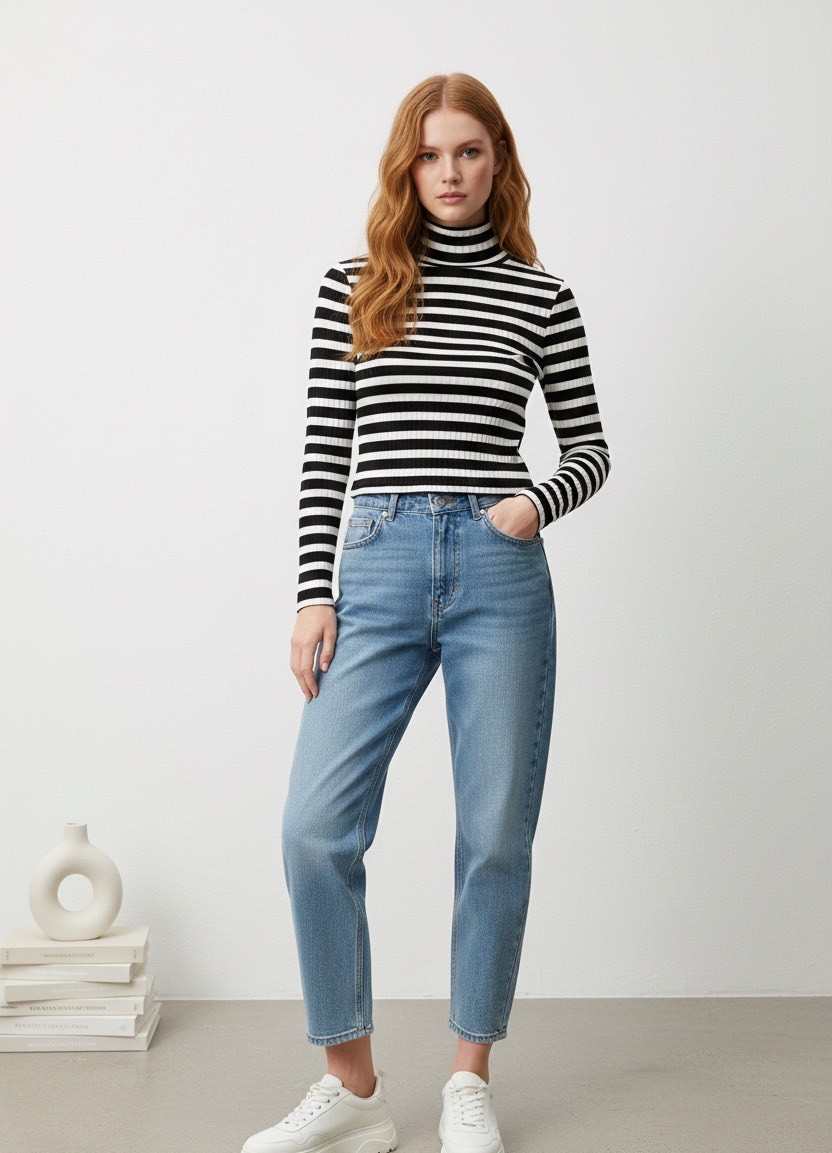 ÇİZGİLİ BOĞAZLI UZUN KOLLU BODY - 1