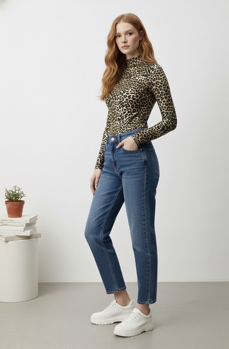 UZUN KOLLU BİSİKLET YAKA LEOPARLI ÇITÇITLI BODY